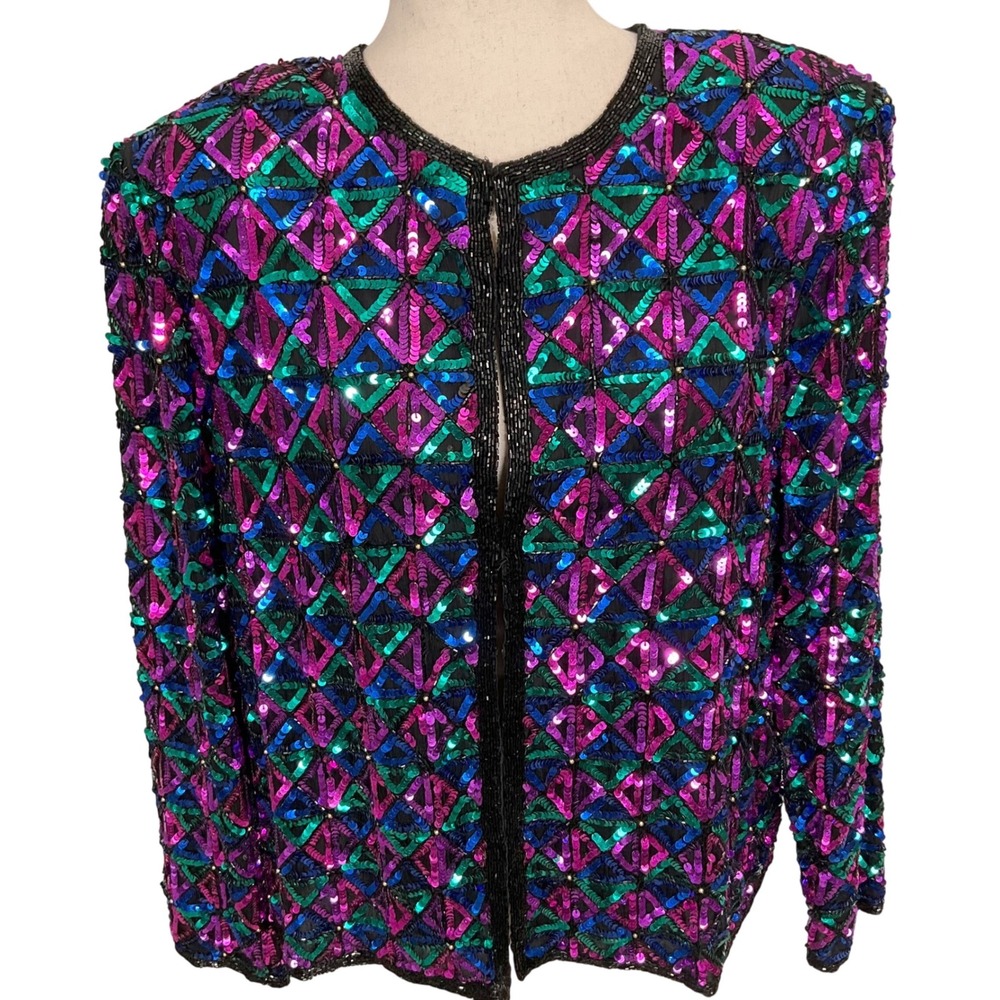 Laurence Kazar Jacket Womens PXL Pink Green All‎ Embellished Diamond Statement